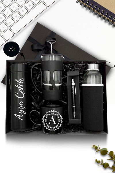 AS&GİFT Kişiye Özel Siyah 500 ML Dereceli Termos & French Press & Kupa & Cam ...