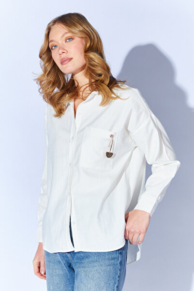 EDITION WOMAN Cămașă oversize din gabardină cu buzunar unic și broșă albă |  ...