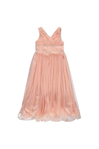 Civil Girls Beli Taşlı Tüylü 6-14 Yaş Abiye - Pudra 10-11 Yaş