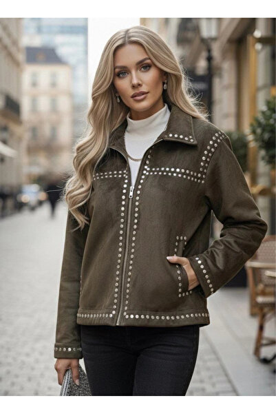 AsprinFashion Palton din piele intoarsa cu detaliu cu capse si blana in interior