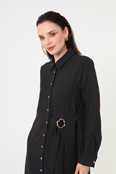 Refka Crepe Fabric Pleated Detailed Buckle Decorated Hijab Dress - Black -