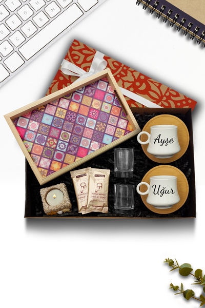 Selamlique Bambu Tabaklı Beyaz Fincan & Sunum Tepsi & Kahve & Dekoratif Mum &...