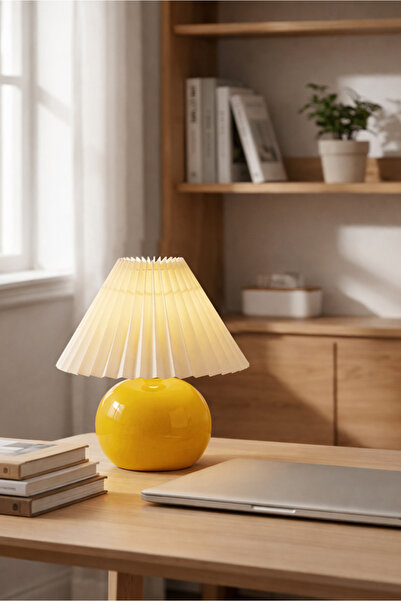 HOMİNG Sarı Renk Carpi Pileli Krem Başlık Abajur 241912