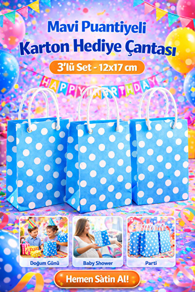 OPTİMEX Mavi Puantiyeli Karton Hediye Çantası 3’lü Set – 12x17 cm – Parti Doğ...
