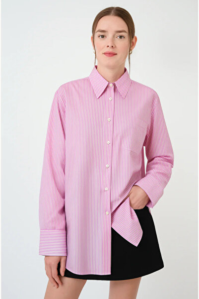 UNIQVIBE Pembe Çizgili %100 Pamuk Bol Kesim Kadın Gömlek