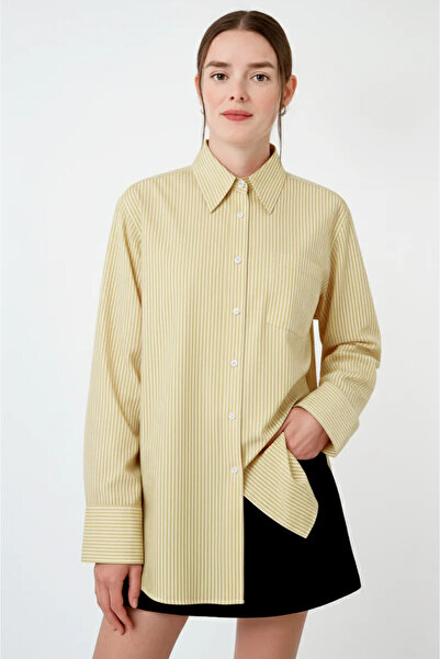 UNIQVIBE Sarı Çizgili %100 Pamuk Bol Kesim Kadın Gömlek
