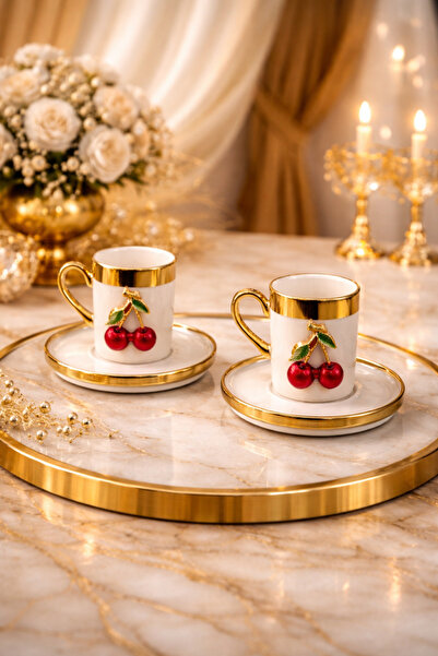 YzHome 2 Person 4 Piece Gold Plated Gilded Cherry Coffee Cup Set 100ml