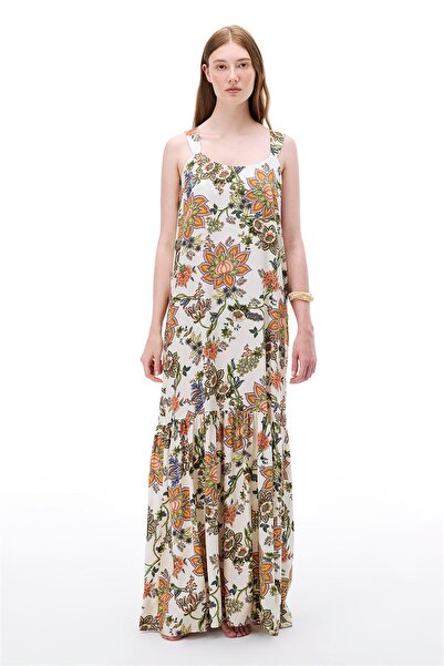Perspective Çok Renkli Çiçek Desenli Askılı Pamuk Elbise