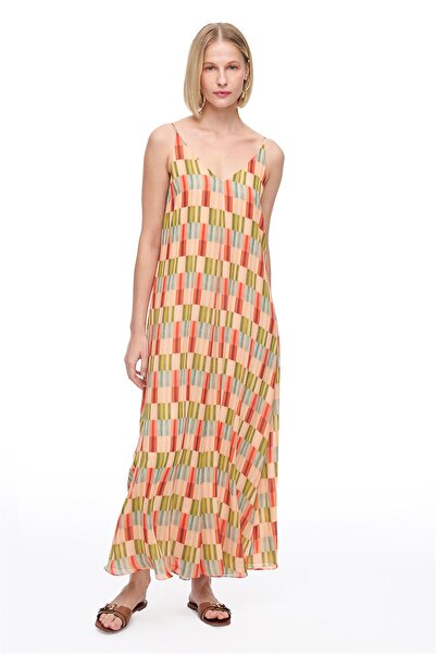 Perspective Çok Renkli Faras Rahat Kalıp Geometrik Uzun Boy Elbise
