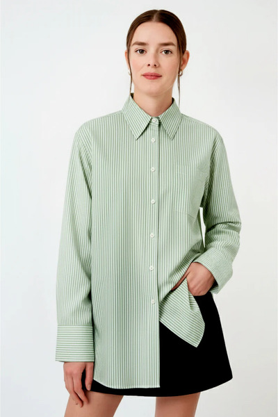 UNIQVIBE Yeşil Çizgili %100 Pamuk Bol Kesim Kadın Gömlek