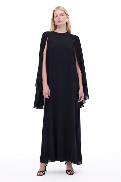 Perspective Alfas Rahat Kalıp Maxi Boy Yarasa Kol Yuvarlak Yaka Siyah Elbise