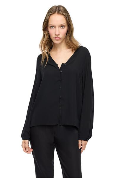Perspective Black Long Sleeve V-Neck Blouse