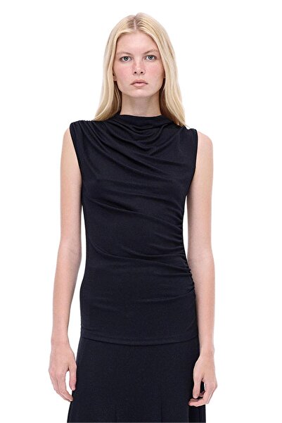 Perspective Dantes Slim Fit Standard Length Plug Sleeve Crew Neck Black Blouse