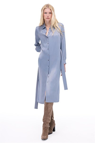 Perspective Gri Gömlek Yaka Midi Elbise