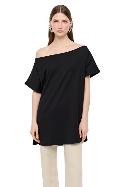 Perspective Black Boat Neck Cotton T-Shirt