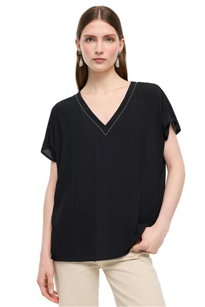 Perspective Black V-Neck Comfortable Fit Blouse