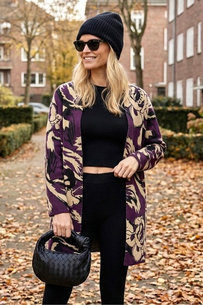 lamea Γυναικεία ζακέτα με φλοράλ σχέδια, ανάγλυφη υφή, μαλακή μακριά πλεκτή ζ...