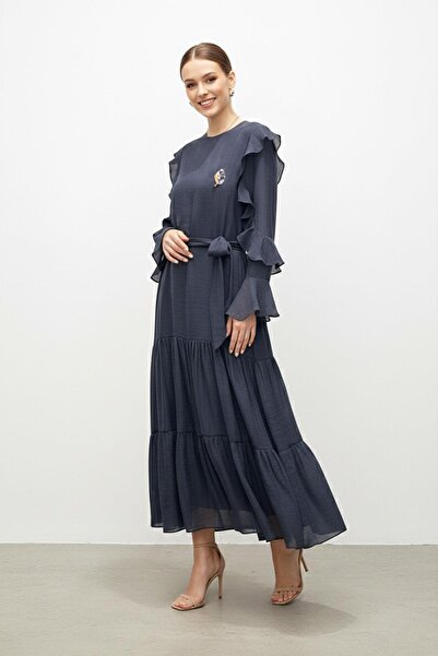 Puane Rochie lungă cu mâneci cu volane și cordon-12673 - NAVY