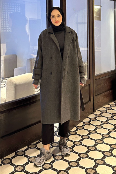 Ovn. معطف تريكو بأكمام مزدوجة - أنثراسيت