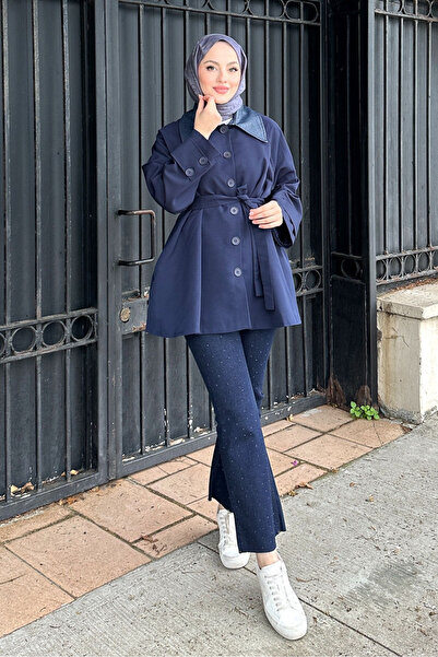 Ovn. سترة بأزرار وياقة جلدية - أزرق داكن