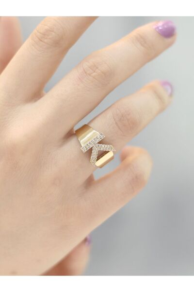 Zeynepli gold & jewelry 14 Ayar Altın Büyük K Harfli Taşlı Yüzük