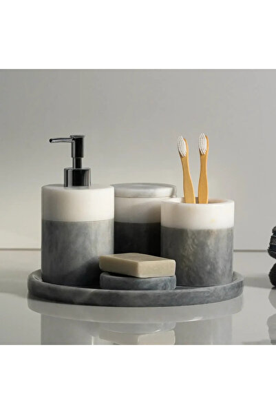 Qua Home Rizz Mermer 5 li Banyo Seti Gri Beyaz