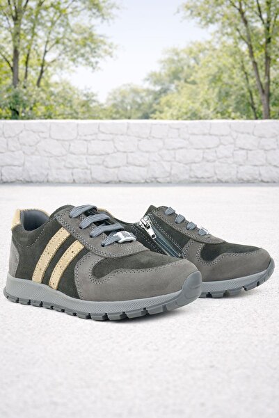 Rakerplus Leather Gray Sand Color Zippered Sneakers
