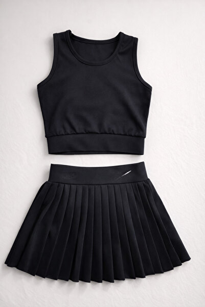 Uğur bebe Black Color Quick Dry Crop Top Shorts Skirted Swimsuit Set – Sporty...