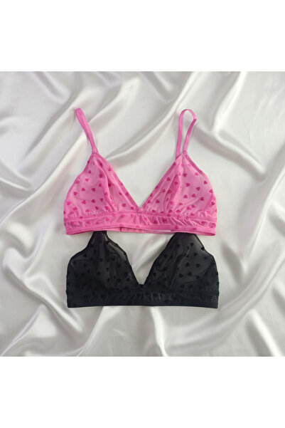 BONBON Kadın Tül Transparan Kalp Figürlü Balensiz 2'li Paket Bralet Sütyen BB...