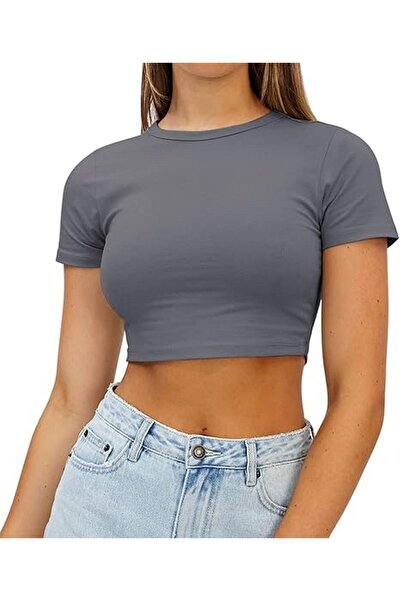 Arzulica Bluză crop cu mânecă scurtă, antracit, cu decolteu în formă de O, st...