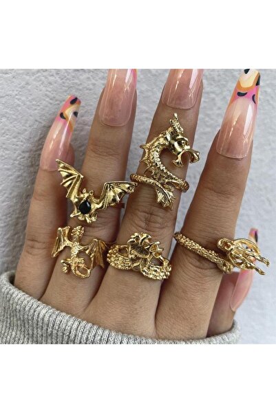 Pursehuit Set de 5 inele aurii, cu dragoni, Thelma C1