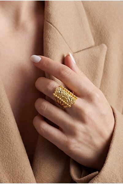 FerizZ Çelik Yüzük Kadın Altın Kaplama Dorikalı Kaburga Model YZK-491