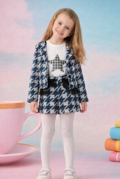 nazarbebe Girl's Houndstooth Patterned Tasseled Jacket and Shorts Set + Panty...