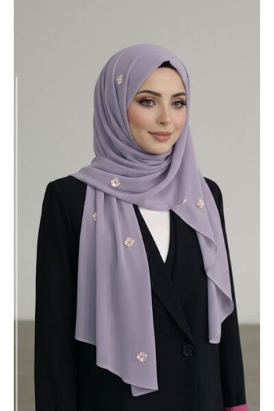 Veil Designer Lilac-colored veil with colorful floral embroidery covering the...