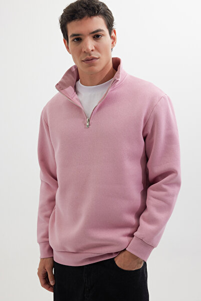 Tudors Unisex Relax Fit Rahat Kesim Pamuklu İçi Polarlı Yarım Fermuarlı Lila ...