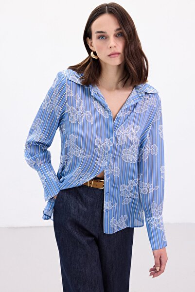 Sateen Wide Cuff Shirt - Blue