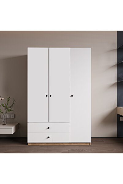 ALONEX HOME YALIN 3 Kapaklı Çekmeceli Full Beyaz Gardırop , Elbise Dolabı, Ra...