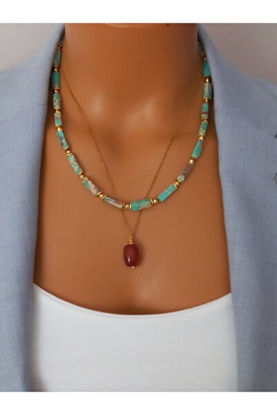 LemaStone Doğal tAŞ KOLYE :Su yeşili varisit ve akik kolye ucu