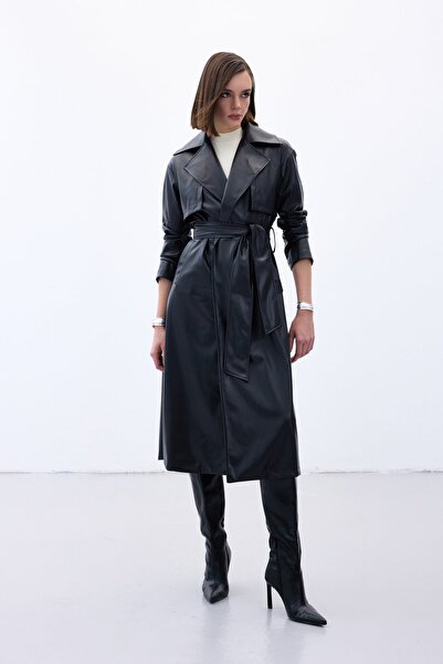 Sateen Trench lung din piele cu curea - negru