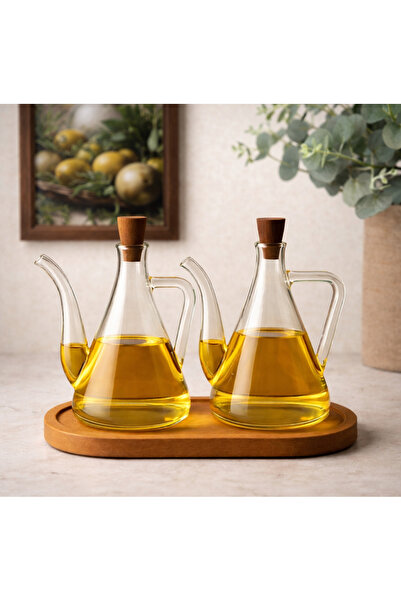 Pembelia Life Ahşap Standlı 2’li 750 ml Cam Yağdanlık Set Yağlık Sirkelik