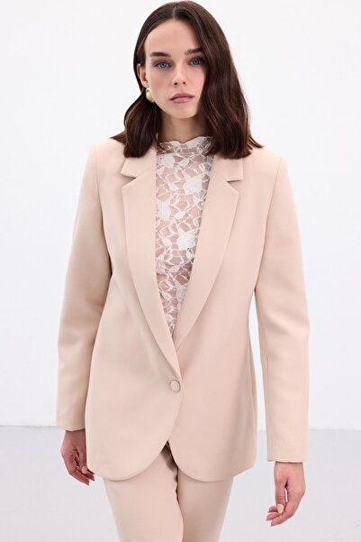 Sateen Buttoned Classic Jacket - Beige