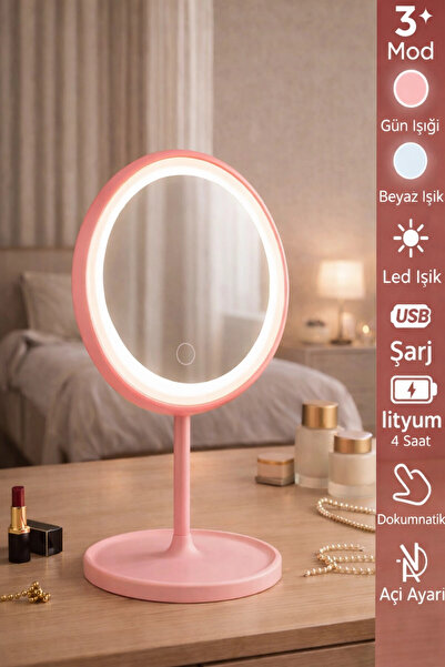 Tilbe Home Oval Makyaj Aynası LED Işıklı Dokunmatik Şarjlı 3 Renkli Işıklı St...