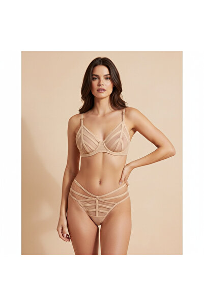 IVONA LINGERIE Skin Color Fashion Satin Ribbed Tulle Bra and Thong Set