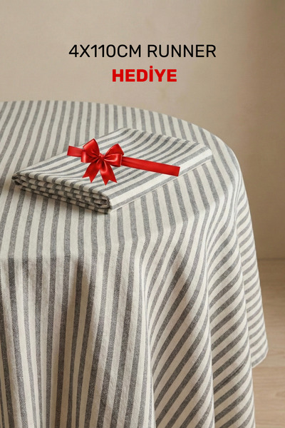 Kayasoft Gri Çizgili Yuvarlak Masa Örtüsü – Şık Sofra Sunumu | 40x110 cm Runn...