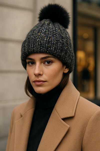 Luminos Butik Γυναικείο μαύρο μάλλινο μπερέ με πομπόν BERE1142