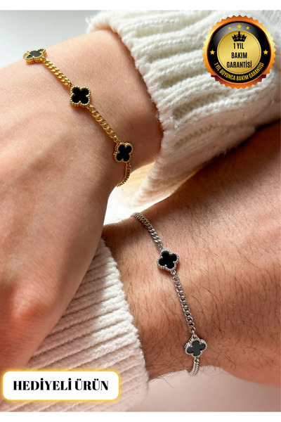 Lunea Co 925 Ayar Gümüş Yonca Figürlü Çift Bileklik Seti-Sevgililer Günü Hedi...