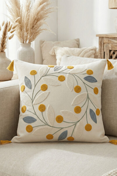 Destiva Home Бълдан Работа Цветна Жълта Памучна Бродерия с Ресни 42x42 cm