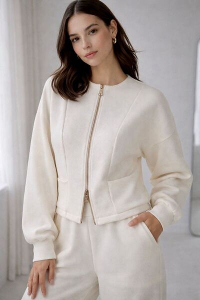 Elbikom Balon Kol Bele Oturan Çift Fermuarlı Scuba Modal Crop Hırka