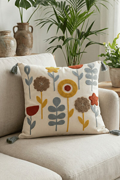 Destiva Home غطاء وسادة قطني مطرز بنمط زهور رمادي اللون من بولدان، مقاس 42×42 سم