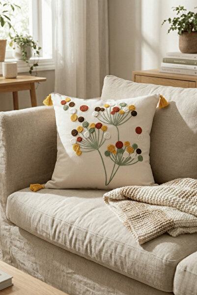 Destiva Home غطاء وسادة من القطن مطرز بتصميم Buldan مع شراشيب صفراء مقاس 42×4...